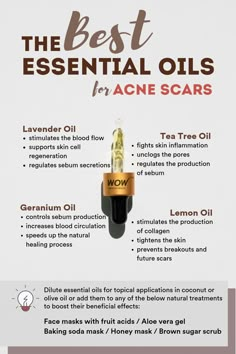 Essential oils are some of the most recommended natural remedies for acne scars because: They accelerate healing of scar tissue; They help fade away scars; They regulate melanin production and even out dark spots; They help dissolve sebum and impurities and unclog the pores; They tone the skin and balance oil production... The list goes on! Try them out! Scar Healing Essential Oils, Essential Oil For Scars, Essential Oils For Acne, Oils For Acne, Clear Up Acne, Health Assessment, Health Store, Health Clinic, Acne Care