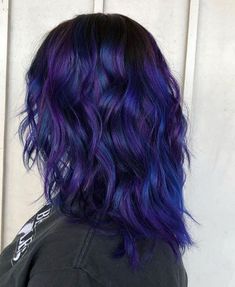 Deep Violet Black And Blue Hair Color Ideas Purple Hues Hair, Dark Blue Violet Hair, Electric Blue And Purple Hair, Blue And Purple Hair Medium Length, Dark Blue And Dark Purple Hair, Blue Galaxy Hair, Blue Purple And Black Hair, Midnight Blue And Purple Hair