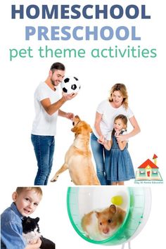 a man and woman are petting their dogs in front of a poster with the words homeschool preschool pet theme activities