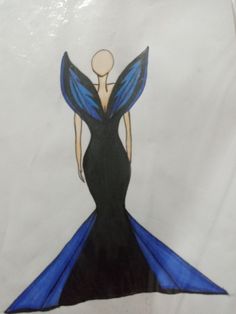 a drawing of a woman in a black and blue dress