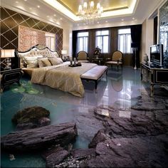 the bedroom is decorated in rich colors