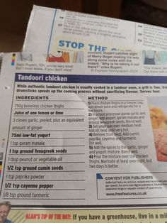 a close up of a newspaper with food items on the front and back pages in it