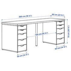 a drawing of a desk with drawers and measurements for the top drawer, side view