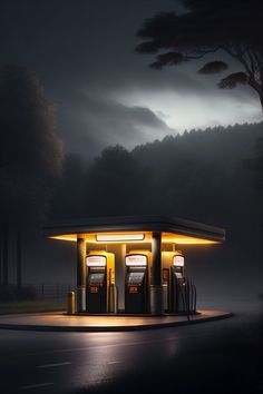 an empty gas station at night with the lights on and fog in the air behind it