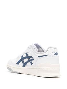 EX89 low-top sneakers from ASICS featuring blue/white, calf leather, panelled design, logo patch at the tongue, perforated detailing, branded insole, round toe, front lace-up fastening and flat rubber sole. This item is in size 9½ and the color is White Low-top Sneakers For Light Sports With Logo, Asics Leather Sneakers For Streetwear, Mid-top Leather Sneakers With Logo, Leather Mid-top Sneakers With Logo, Blue Sneakers With Embossed Logo For Streetwear, Blue Leather Sneakers With Logo, Asics Classic Sneakers For Streetwear, Leather Asics Sneakers With Boost Midsole, Classic Asics Sneakers For Streetwear