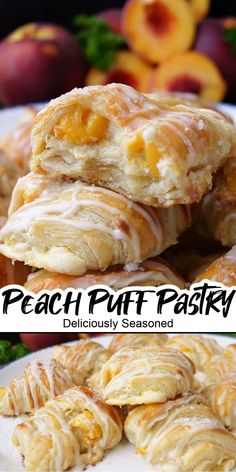 A double collage photo of peach puff pastries on a white plate. Peach Puff Pastry, Puff Pastry Ingredients, Pastry Recipes Dessert, Peaches Cream Cheese, Cream Cheese Puff Pastry, Puff Pastry Recipes Dessert, Pastries Recipes Dessert, Pastries Recipes, Peach Dessert Recipes