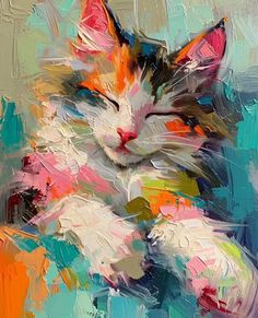 a painting of a cat with its eyes closed and head resting on it's paw