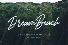 the words dream beach written in white ink on top of green mountain tops with trees