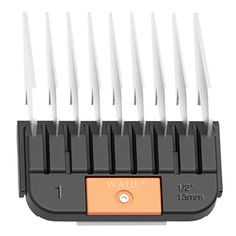 a close up of a comb with many blades on the blade and an orange button