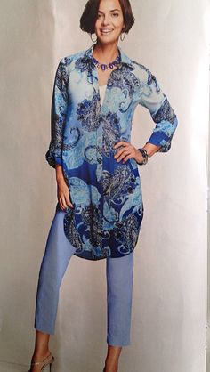 Blue paisley long tunic shirt, Cropped blue pants, tank top from Chico's spring catalog Layering Outfits, Long Tunic, Blue Paisley, Tunic Shirt, Blue Pants, Spring Summer Outfits, Spring Outfits, Paisley, Tunic Tops