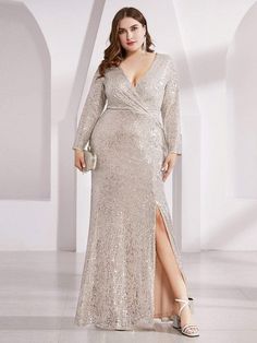 Featuring a deep V neckline,long sleeves,and thigh-high slit ,this sexy plus size long sleeve sequin evening dress is sure to make a statement no matter where you wear it.Perfect for all formal occasions,from evening party,cocktail,weddings to prom,homecoming,and graduation! Fit: Please refer to Size Chart. Closure: A concealed zipper up to the back. Undergarments:It is Not Padded,with Lining. Fabric: The garment comprises Polyester and Nylon. Stretch: Fabric is Low Stretch. Outfit Boda, Plus Size Evening Gown, Plus Size Sequin, Dazzling Dress, Evening Party Gowns, Sequin Evening Dresses, Long Sleeve Evening Dresses, Long Sleeve Sequin, Color Champagne