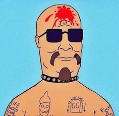 an animated man with sunglasses and tattoos on his chest