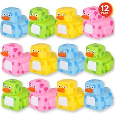 six rubber ducks in different colors and sizes