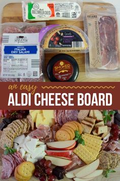 an assortment of cheeses and meats on a cutting board with text overlay