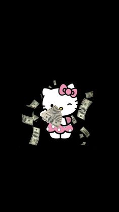 a hello kitty wallpaper with money falling from it