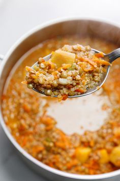 a spoon full of soup with meat and vegetables