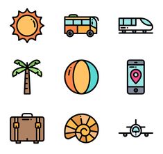 a set of travel and vacation related icons, such as luggage, beach ball, bus, palm tree, map, cell phone