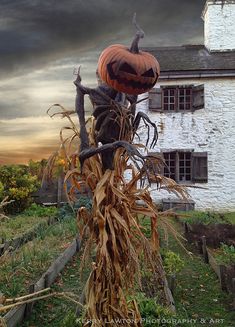 a scarecrow with a pumpkin sitting on top of it's head in front of a house