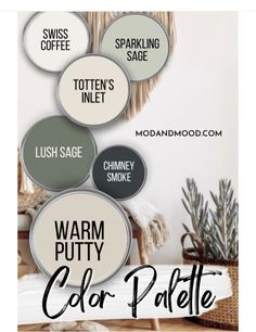 the words warm putty and color palette are displayed in different colors, including black, white