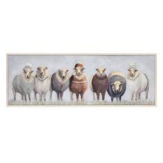 four sheep in sweaters standing next to each other on a white wallpaper border