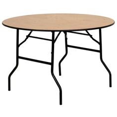 a round wooden table with black legs on a white background, it is isolated from the side