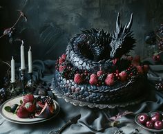 a cake decorated with berries and black dragon figurines sits on a table next to candles