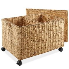 two wicker baskets on wheels with handles