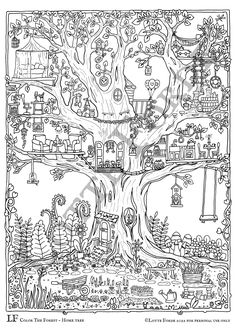 a coloring book page with a tree and houses in the middle, surrounded by other trees