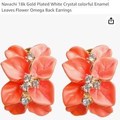 Brand New In Box Enamel Peach, Orange Color Leaf Pierced Earrings 18 Karat Gold Plated Peach Orange Color, Flowers Earrings, Orange Earrings, Peach Orange, Leaf Flowers, White Crystal, Orange Gold, Pierced Earrings, Black Enamel