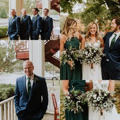 the bride and grooms are posing for pictures on their wedding day in front of an outdoor staircase