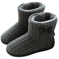 PRICES MAY VARY. Highlighted with colorful pom pom or bow-tie accents and a cozy faux fur trim, this slipper boot is enhanced with cozy Comfort memory foam midsole and durable, thick rubber sole. Fashioned with knit fabric, this slip-on bootie slipper features faux fur lining for superior warmth. Faux fur lining and memory foam footbed wraps your feet in ultimate comfort all day long. Durable indoor/outdoor hard sole offers traction and incorporates forefoot flex grooves for comfort. This slippe Bootie Slippers, Indoor Outdoor Slippers, Knitted Booties, Knit Shoes, Outdoor Slippers, Boot Straps, Warm Slippers, Warm Boots, Knitted Slippers