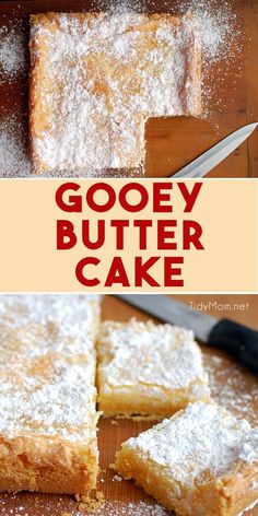 gooey butter cake with powdered sugar on the top and bottom, cut into squares