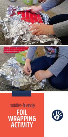 two pictures of kids wrapping their hands in tin foil with the words todd - friendly fold wrapping activity