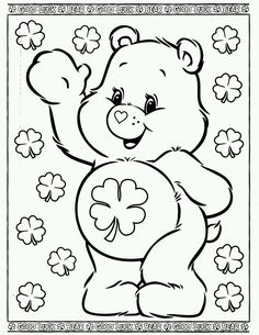 a black and white drawing of a teddy bear with four leaf clovers on it