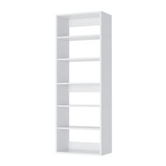 a white book shelf with four shelves on each side