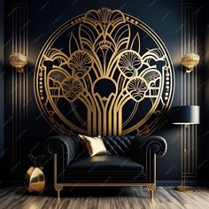 an art deco living room with black walls and gold accents on the wall, along with a leather couch