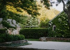 a stone walkway in front of a house surrounded by trees and bushes with white flowers on it