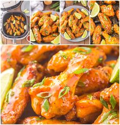 several pictures of chicken wings with sauce and garnishes on them, including limes