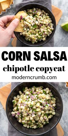 corn salsa in two black bowls with tortilla chips