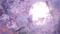 an abstract painting with birds and flowers in front of a full moon, on a purple background