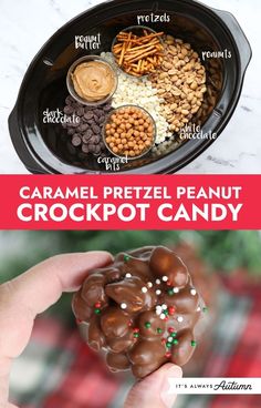 a person holding a chocolate pretzel in their hand with the words crockpot candy