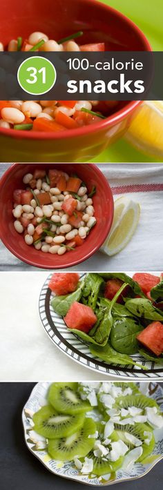 there are three plates with different foods on them and one plate has watermelon