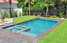 a backyard with a swimming pool surrounded by grass