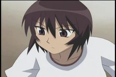 an anime character with black hair wearing a white t - shirt and looking at the camera