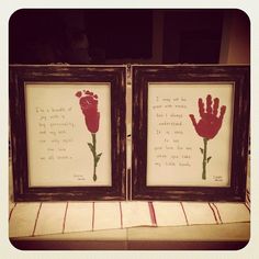 two framed pictures with handprints on them, one has a poem and the other says i love you