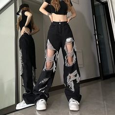 Black Ripped Jeans Ripped Jeans Women, Faux Leather Motorcycle Jacket, Black Ripped Jeans, Loose Trousers, Backless Mini Dress, Girls High, Denim Details, Casual Coat, T Shirt And Shorts