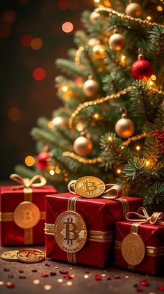 three red wrapped presents sitting next to a christmas tree with gold coins on it and lights in the background