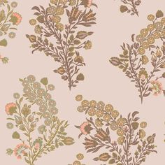 a floral wallpaper pattern with leaves and flowers on a light pink background in pastel colors