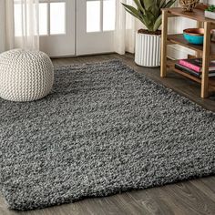 a living room area with a rug, chair and potted plant