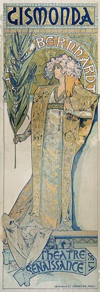 an old poster with a woman in gold and blue holding a green plant on it's shoulder